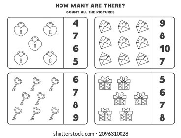 Count all valentine elements and circle the correct answers. Black and white worksheet.