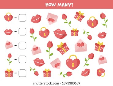 Count all valentine elements and write number into boxes. Math game for kids.