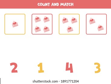 Contar todos los sobres de San Valentín y coincidir con la respuesta correcta. Juego educativo de matemáticas para niños.