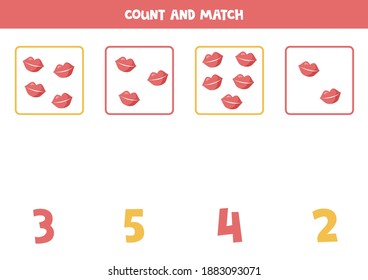 Cuenta todos los labios valentinos y concuerda con la respuesta correcta. Juego educativo de matemáticas para niños.