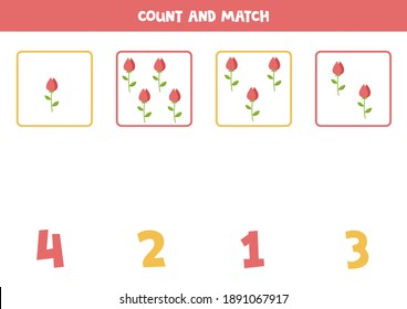 Count all valentine roses and match with correct answer. Educational math game for kids.