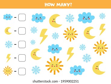 Count all weather elements and write the number into box. Math game for kids.