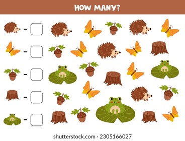 Cuente todos los animales de bosque y escriba el número en la caja. Juego de matemáticas para niños.