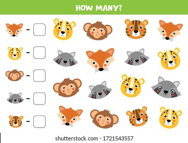 Count the amount of animal faces. How many wild animals are there.
