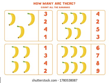 Cuente la cantidad de plátanos y rodee la respuesta correcta. Juego educativo de matemáticas para niños. Hoja de cálculo básica de álgebra para preescolares.