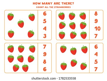 Count the amount of cartoon strawberries. Educational math game for kids. Printable worksheet for preschoolers.