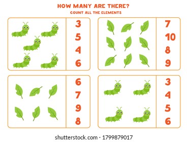 Count the amount of caterpillars and leaves. Educational math game for kids. Funny worksheet for children.