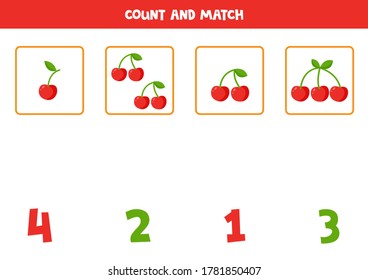 Contar la cantidad de cerezas y coincidir con los números. Juego educativo de matemáticas para niños. Hoja de cálculo imprimible para preescolares.