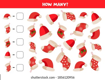 Count the amount of Christmas socks and hats. Educational math game for kids.