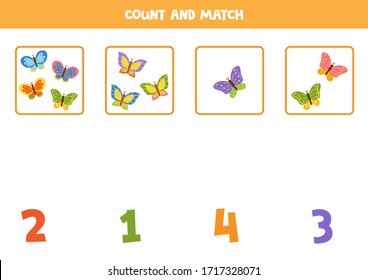 Count the amount of colorful butterflies and match with numbers. Math worksheet for kids.