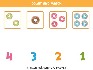 Count the amount of donuts and match with written numbers. Educational math worksheet.