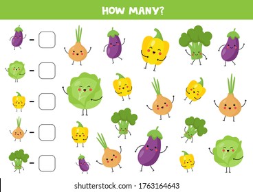 Count the amount of kawaii vegetables. Educational math game for kids. Count and write down the right answer. 