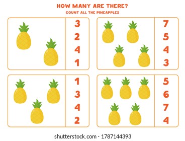 Cuente la cantidad de piñas y la respuesta derecha de círculo. Juego educativo de matemáticas para niños. Hoja de cálculo divertida para preescolares. Aprender a contar. Matemáticas elementales para niños.