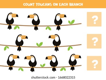 Count the amount of toucan on branch. Math game for kids.