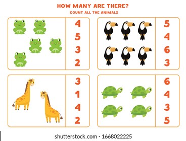 Count the amount of wild animals. Math game for children.
