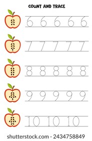 Count apple seeds and trace numbers. Educational worksheet for kids.
