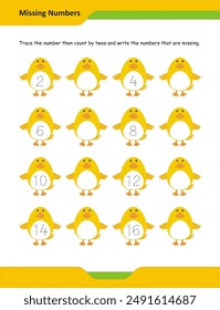 Count by 2s and fill in the missing numbers, Trace and write missing numbers by 2s, Kindergarten skip counting worksheet, Count by twos number tracing, Skip counting by 2s practice sheet
