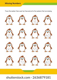 Count by 5s and fill in the missing numbers, Trace and write missing numbers by 5s, Kindergarten skip counting worksheet, Count by fives number tracing, Skip counting by 5s practice sheet