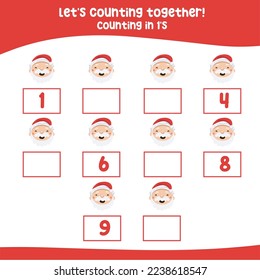 Count by one's practice, math activity, write the missing numbers, math multiples. Counting worksheet in Xmas theme the smiling Santa. Educational printable math worksheet for children. Kawaii vector 