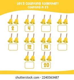 Count by two's practice, math activity, write the missing numbers, math multiples of 2s. Educational printable math worksheet for children. Cute Christmas Vector File.