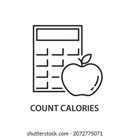 Count calories linear icon. Outline simple vector of calculator and apple. Contour isolated pictogram on white background