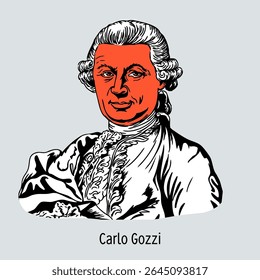Count Carlo Gozzi was an Italian writer and playwright, author of fairy tale plays using folklore elements of the plot. Hand drawn vector illustration