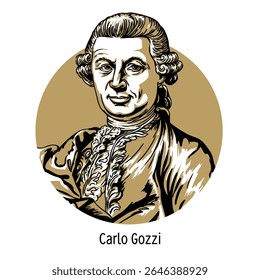Conde Carlo Gozzi foi um escritor e dramaturgo italiano, autor de peças de contos de fadas usando elementos folclóricos da trama. Ilustração de vetor desenhada à mão