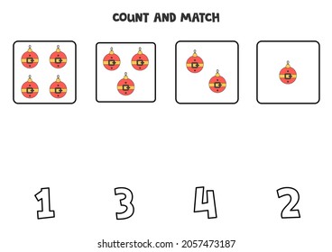Cuenta bolas navideñas y concuerda con números correctos. Juego de matemáticas para niños.