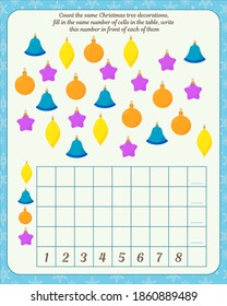  Count the Christmas toys
fill in the same number of cells in the table, write
this number in front of each of them