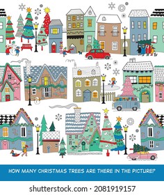 Count the Christmas trees in the picture. Seamless pattern for your design. Vector illustration 