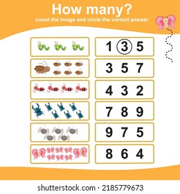 Zählen und Kreis Antwort für Kinder. Druckbares mathematisches Arbeitsblatt. Vektorgrafik. 