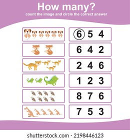 Count and circle answer for children. Printable mathematic worksheet. Vector illustration. 