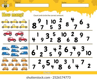 Count and circle the correct number Beehive theme with transportation cliparts. Educational game for children. fun activities for children to play and learn.