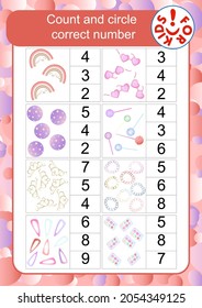 Count and circle correct number. Children's vector template for educational books, developmental education. For girls.