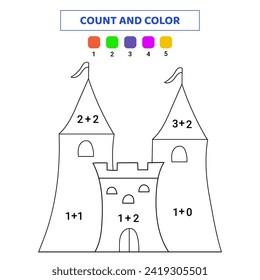 Conde y color lindo castillo. Juego de matemáticas para niños. Ilustración de doodle aislada en fondo blanco.