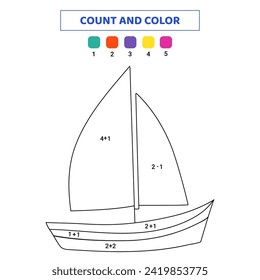 Cuenta y color lindo barco de vela. Juego de matemáticas para niños. Ilustración de doodle aislada en fondo blanco.