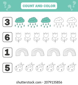 Count and color game for preschool children - spring items. Worksheet for the development of mathematical abilities. Coloring book for kids