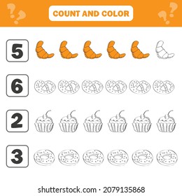 Count and color game for preschool children - sweets and pastries. Worksheet for the development of mathematical abilities. Coloring book for kids