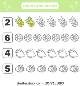 Count and color game for preschool children - Lemons. Worksheet for the development of mathematical abilities. Coloring book for kids