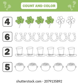 Count and color game for preschool children - Saint Patrick Day. Worksheet for the development of mathematical abilities. Coloring book for kids