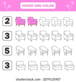 Count and color game for preschool children - chairs. Worksheet for the development of mathematical abilities. Coloring book for kids