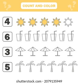 Contar y juegos de colores para niños de preescolar - artículos de verano. Hoja de trabajo para el desarrollo de habilidades matemáticas. Libro de coloración para niños