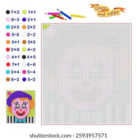 Count and color. Math education for children. Coloring book. Mathematical exercises on addition and subtraction. Solve examples and paint the mosaic. Printable worksheet for kids. Vector illustration