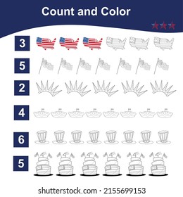 Count and Color worksheet for children. Educational printable worksheet. America Independence Day worksheet theme. Vector illustrations.