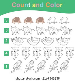 Count and Color worksheet for children. Educational printable worksheet. Vector illustrations.