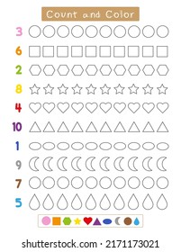 Count and color worksheet for kids, numbers 1 to 10, counting practice activity for toddler and preschool education