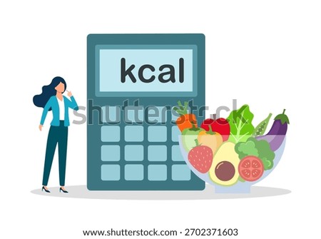 Сalories count concept vector illustration. Woman standing with calculator and salad.