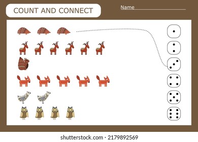 Count and connect the number of  forest animals  and the number