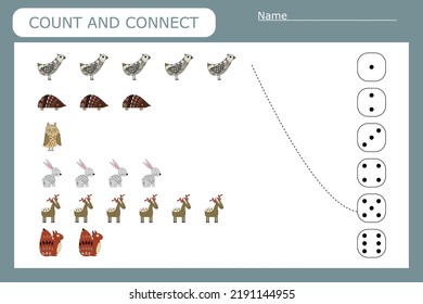 Count and connect the number of  forest animals  and the number