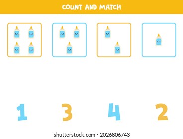 Count cute glue and match with correct numbers. Math game for kids.